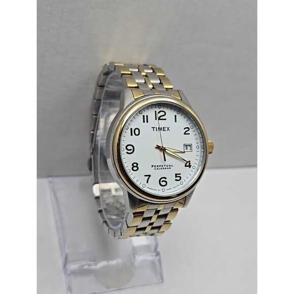 Mens Timex Perpetual Calendar Indiglo Two Tone Dress Quartz Date 50M New Battery - Picture 3 of 12